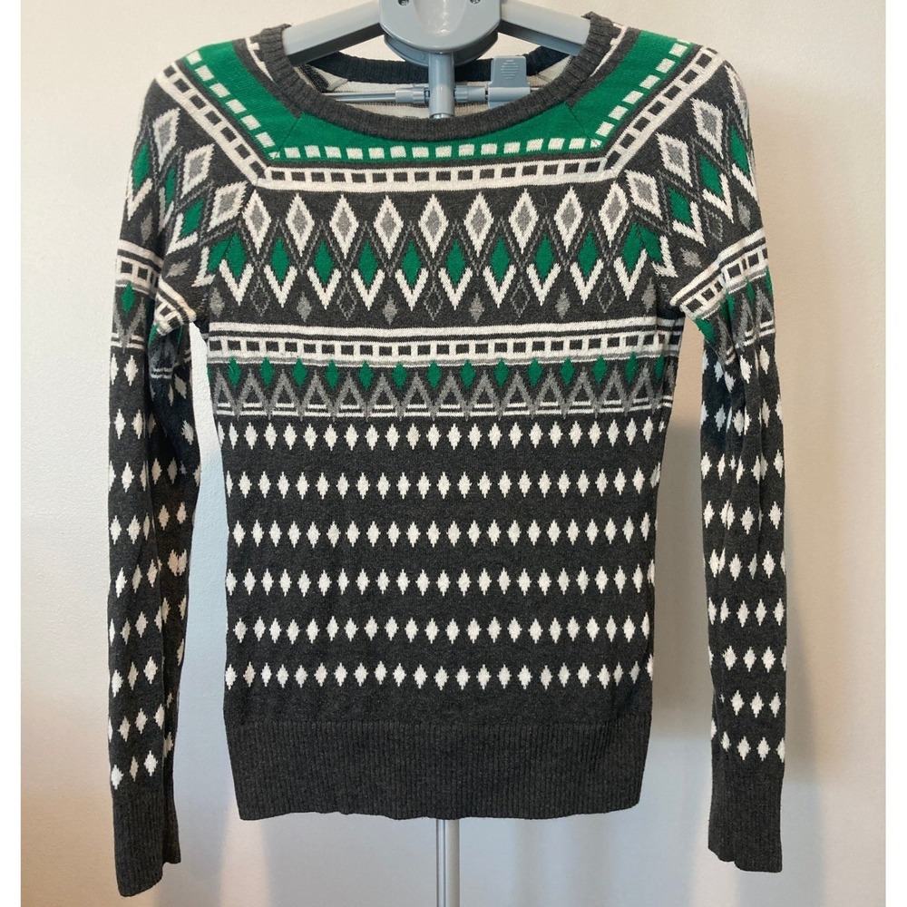 Merona Gray Green Fair Isle Sweater Bold Geometric Diamond Fisherman Winter Cute